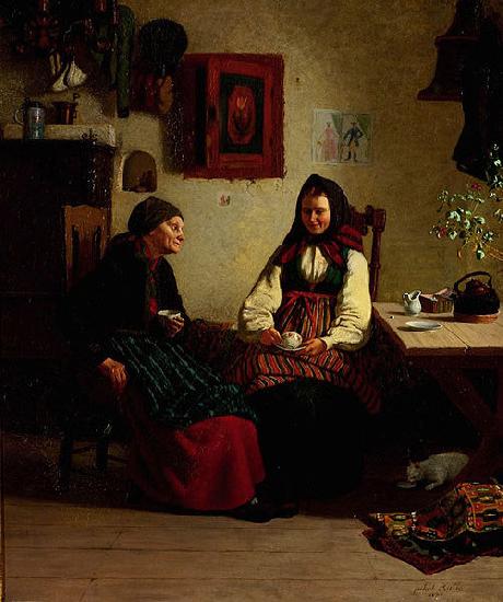 Jakob Kulle Allmogeinterior med kaffedrickande kvinnor oil painting picture
